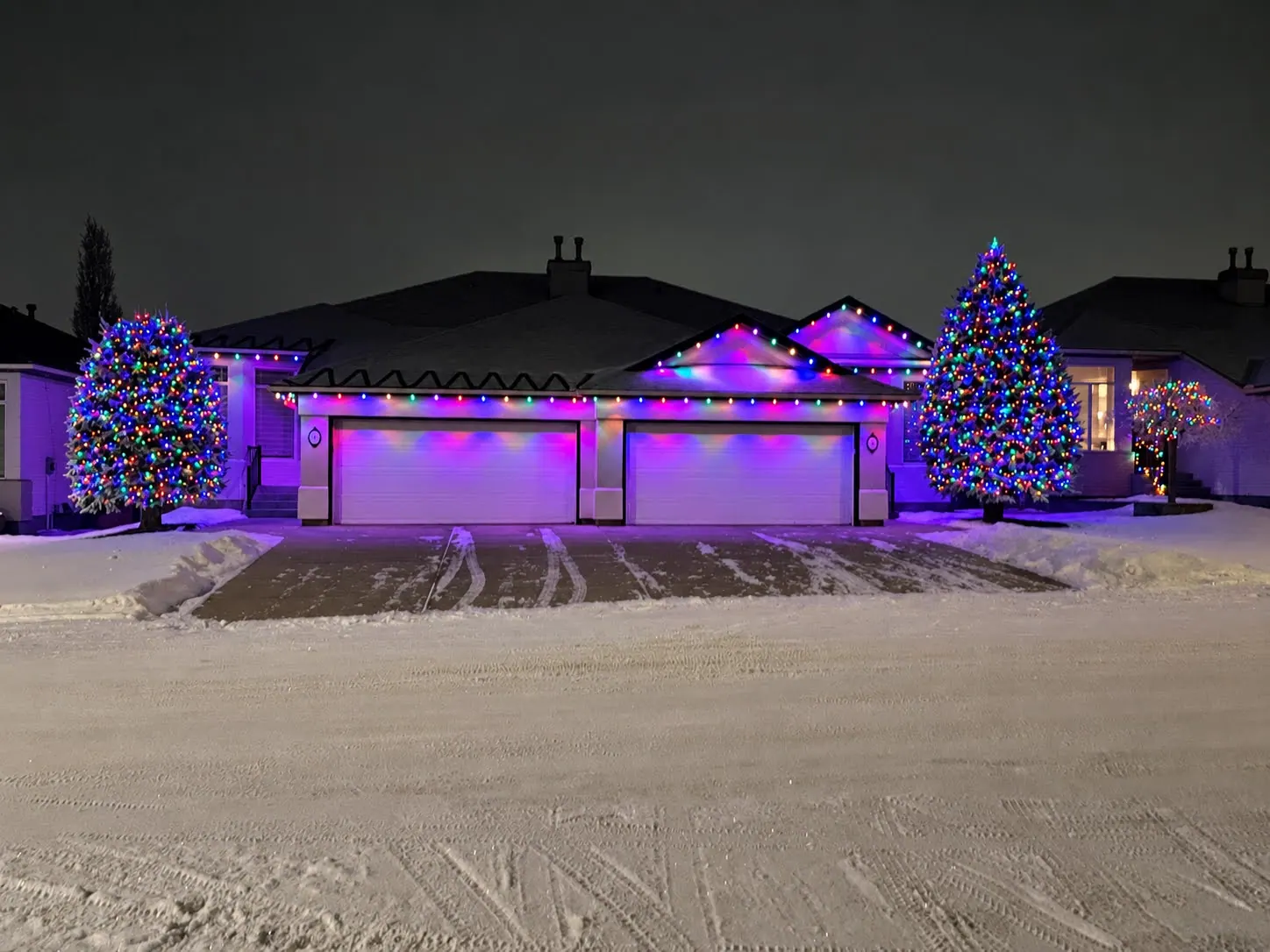 Bungalow with multicolour bulbs along the roofline and gables between two spruces wrapped in multicolour lights