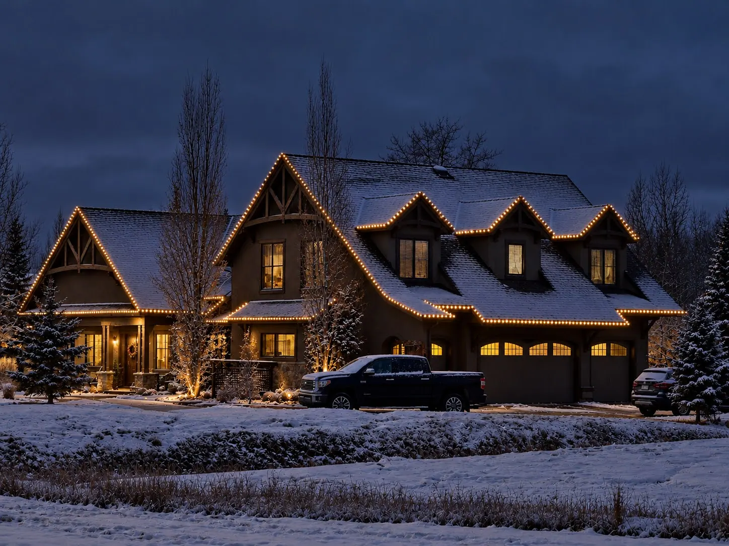 Large home with warm white lights tracing every gable and dormer at dusk, above a snowy field
