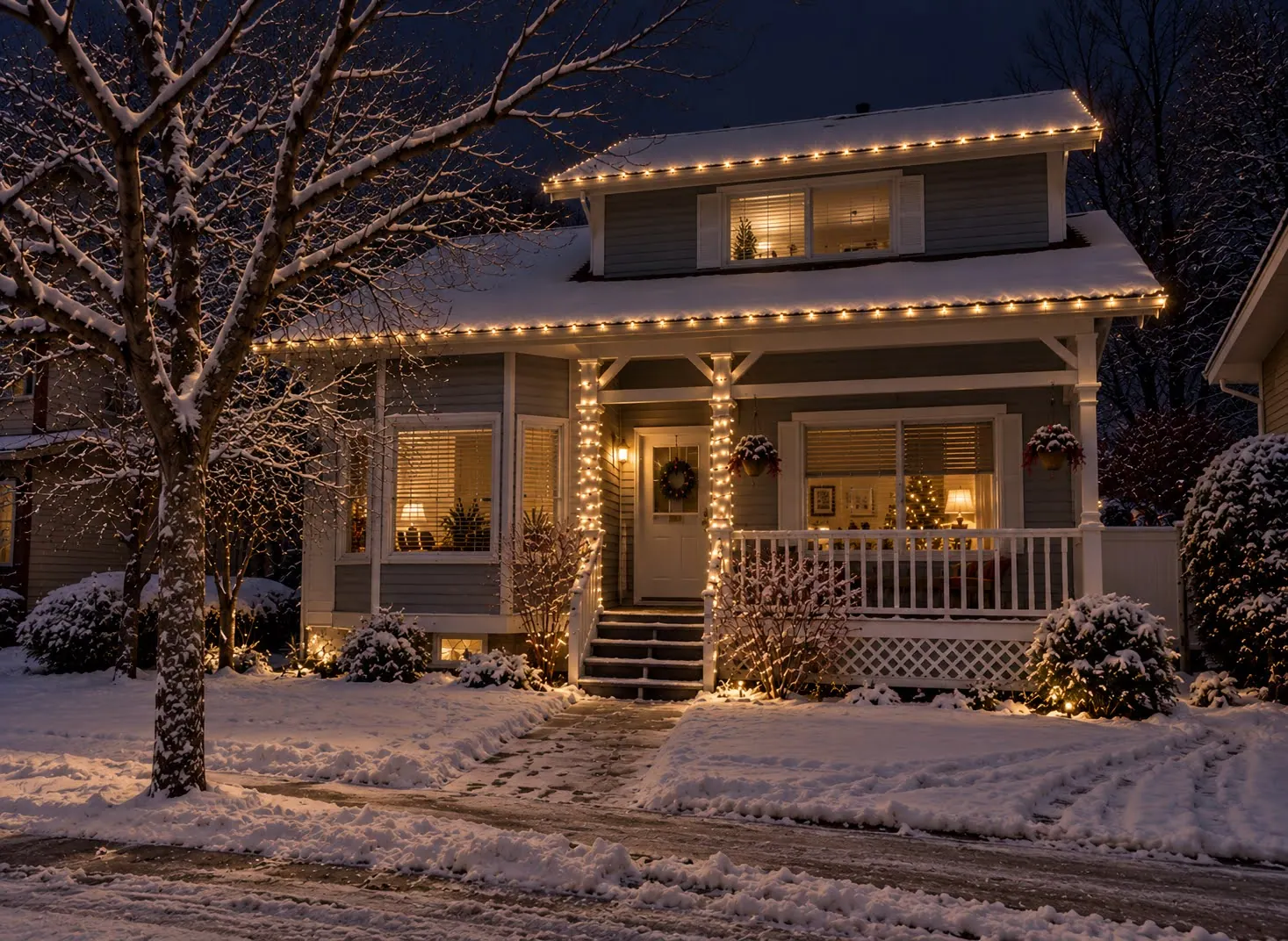 Two-storey home with warm white lights on the roofline and wrapped porch posts, behind a snowy tree at dusk