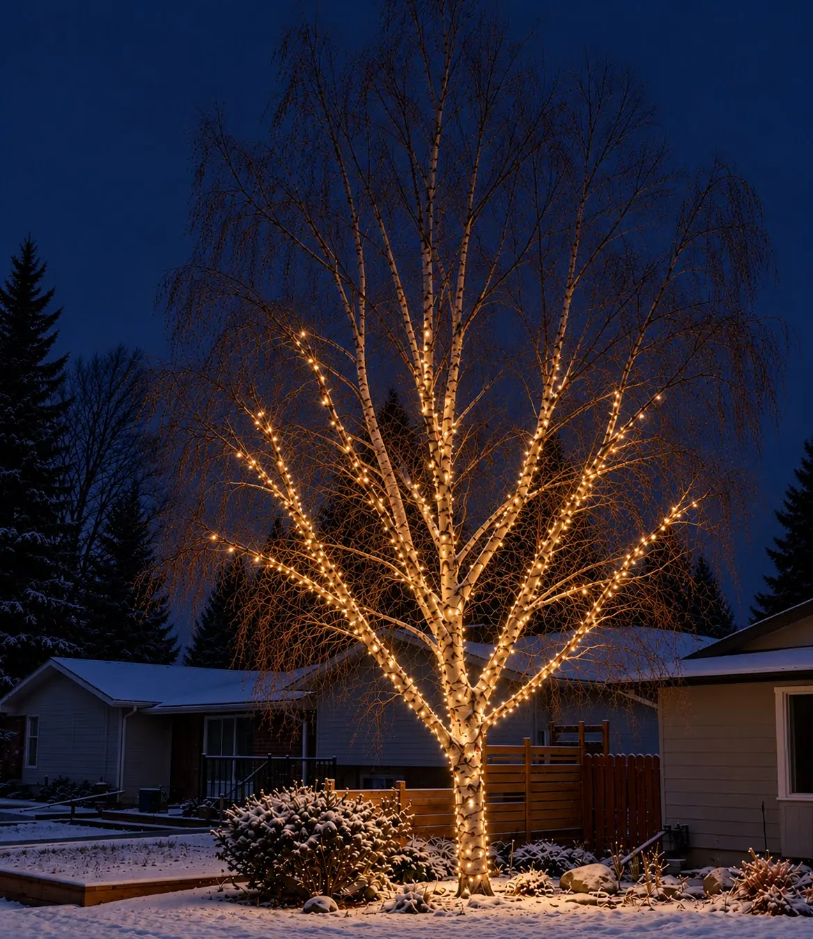 Birch tree with its trunk and main branches wrapped in warm white mini lights at dusk