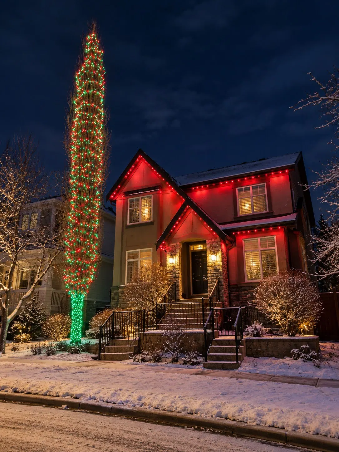 Tall columnar tree wrapped from base to top in red and green mini lights beside a home with a red roofline, on a snowy evening