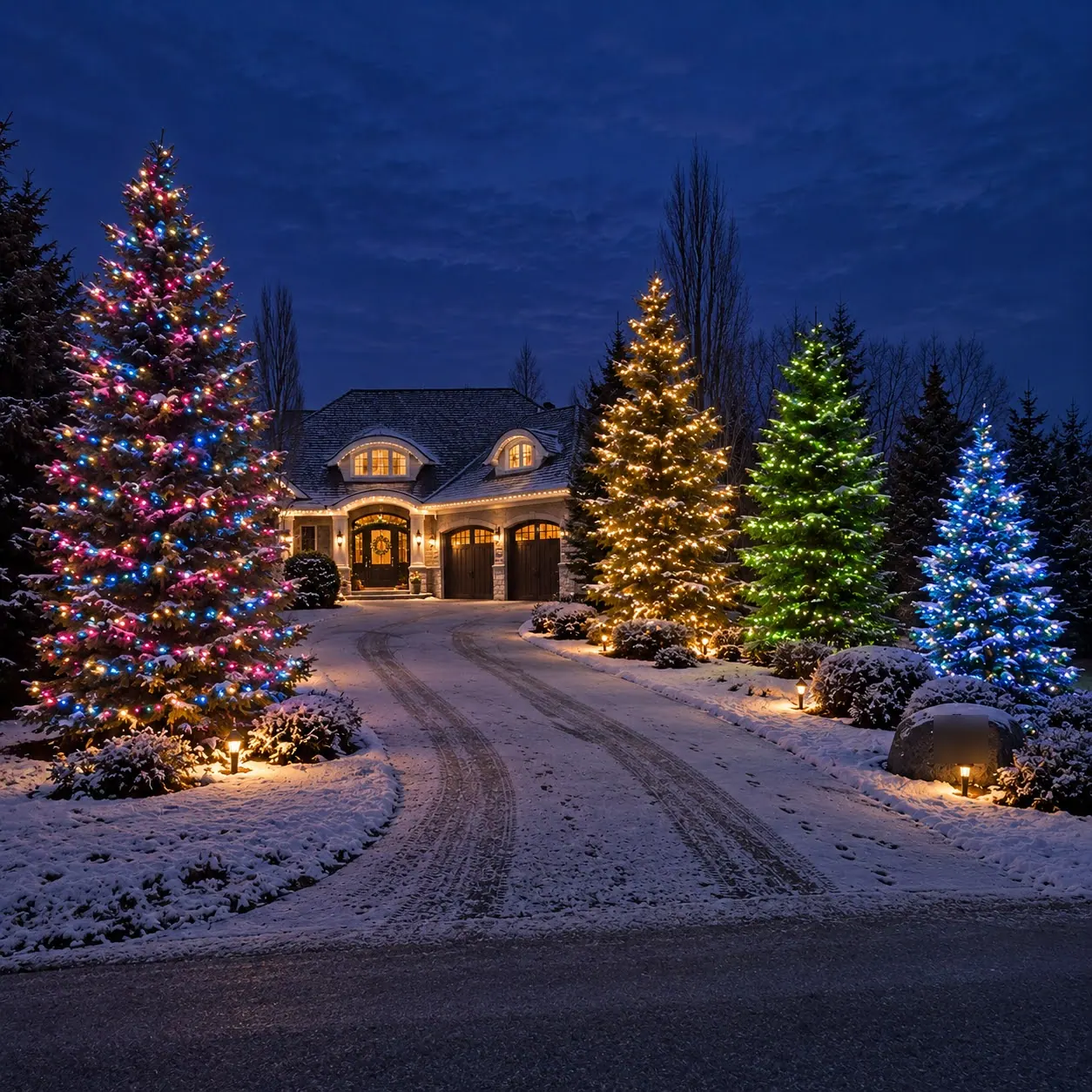 Driveway lined with spruces wrapped in multicolour, warm white, green and blue mini lights, leading to a home at dusk