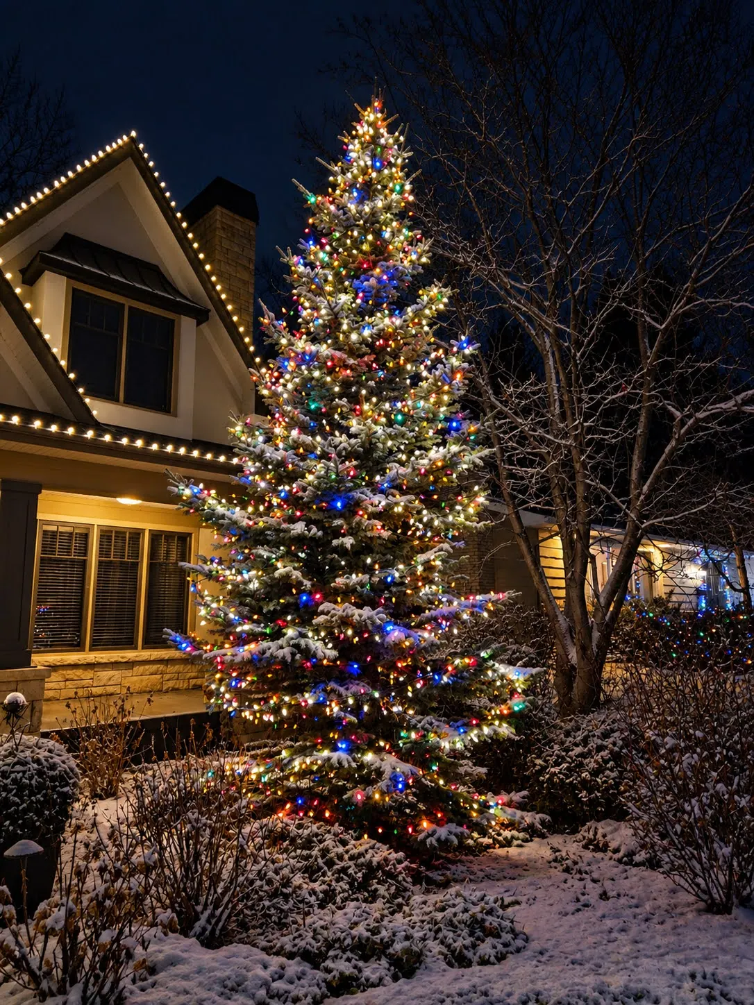 Spruce wrapped in multicolour mini lights in front of a home with a warm white roofline at night
