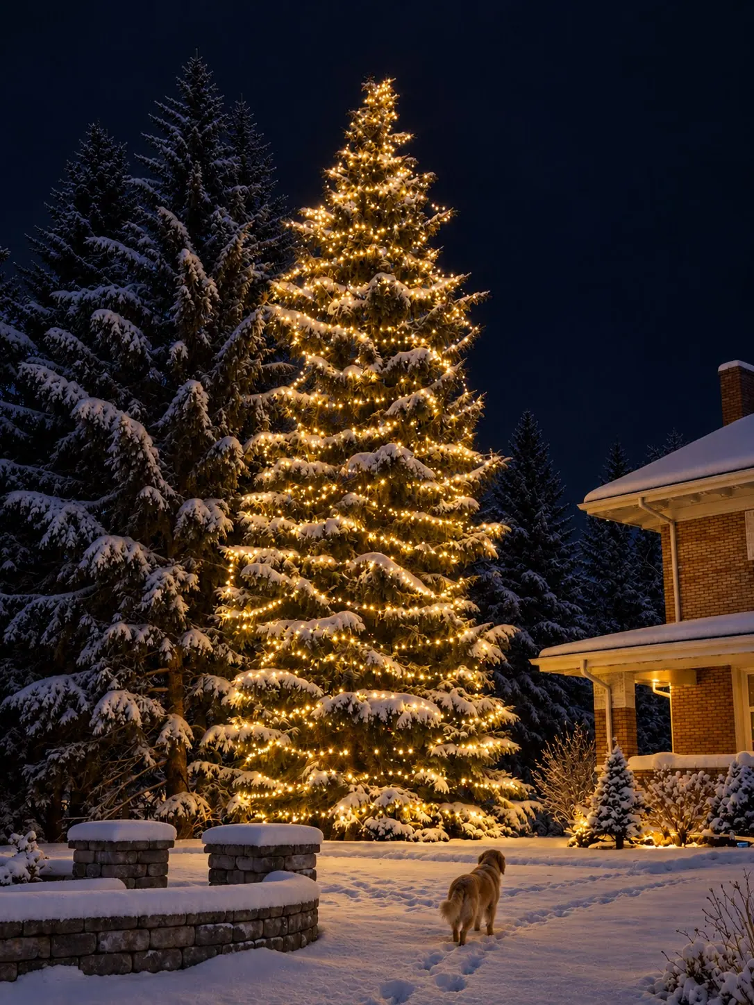 Tall spruce wrapped in warm white mini lights among snowy evergreens beside a brick home